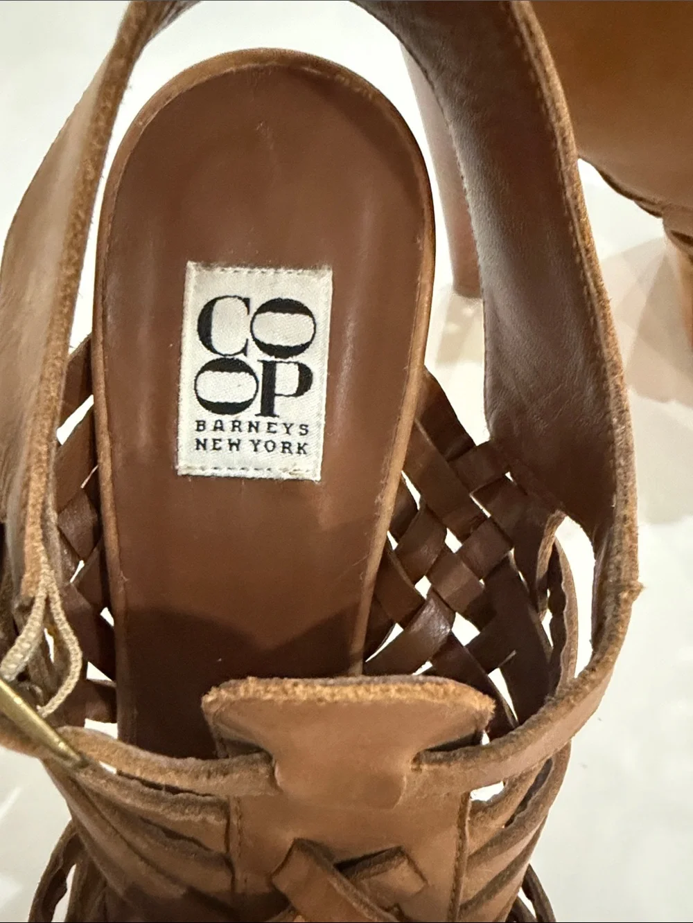 Barneys co-op Tan Woven Leather High Heel Sandals